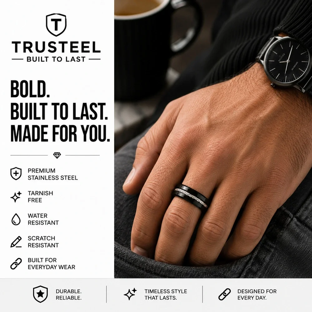 Mens 316L Stainless Steel Ring Comfort Fit Black with cable 8mm Size 9